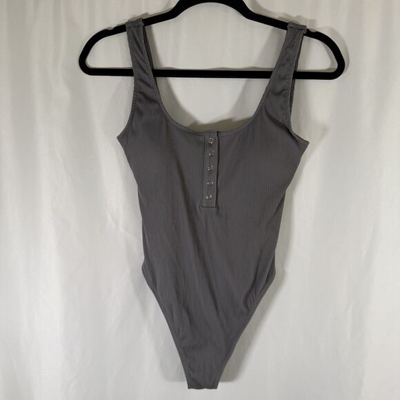 Aerie Swim One Peice Long Women's Medium Grey Ribbed Sleevless Padded Snap Front - Picture 1 of 11